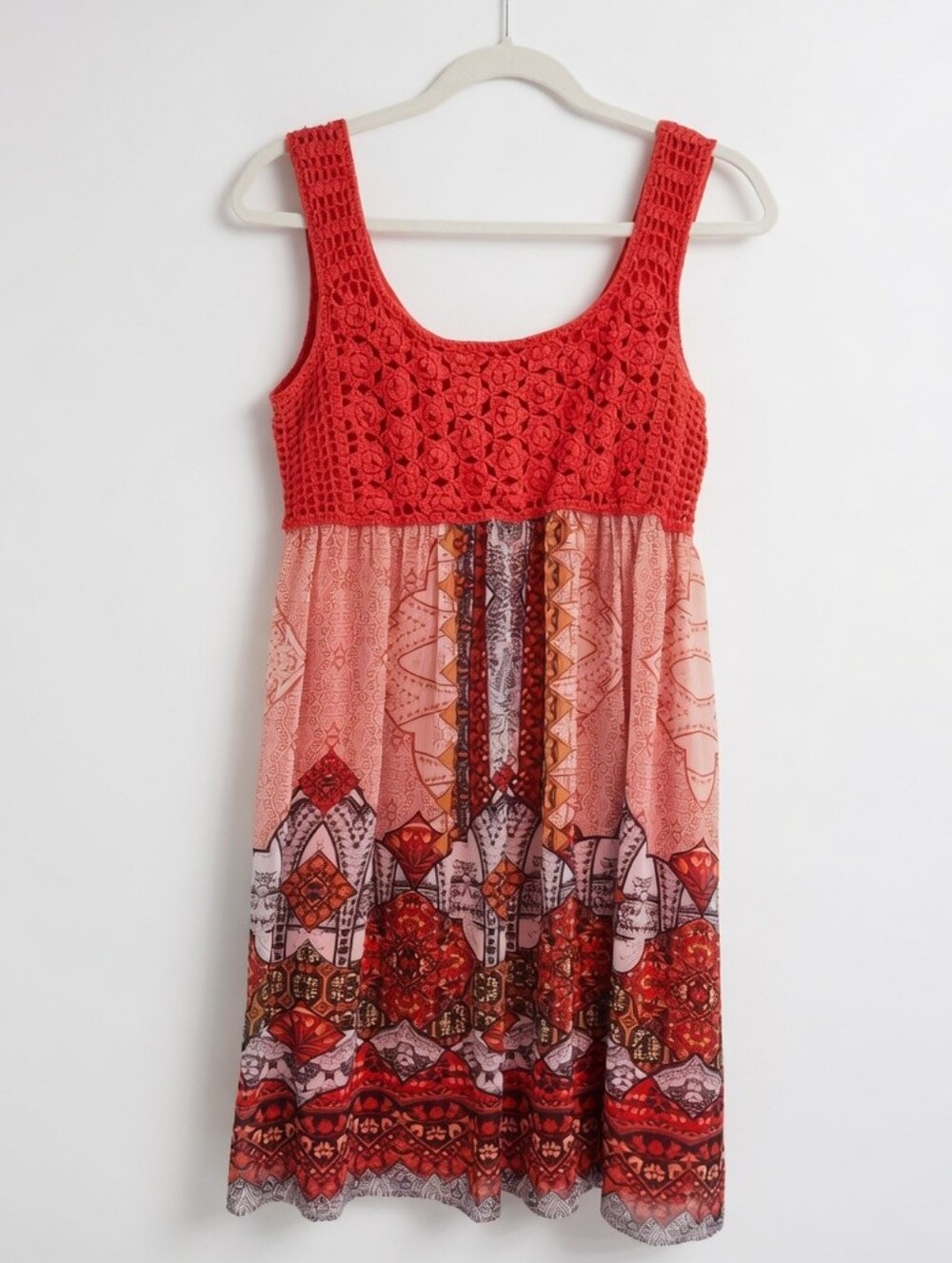 Christina Orange Crochet Bodice Dress with Textured Skirt Boho, Festival Size L